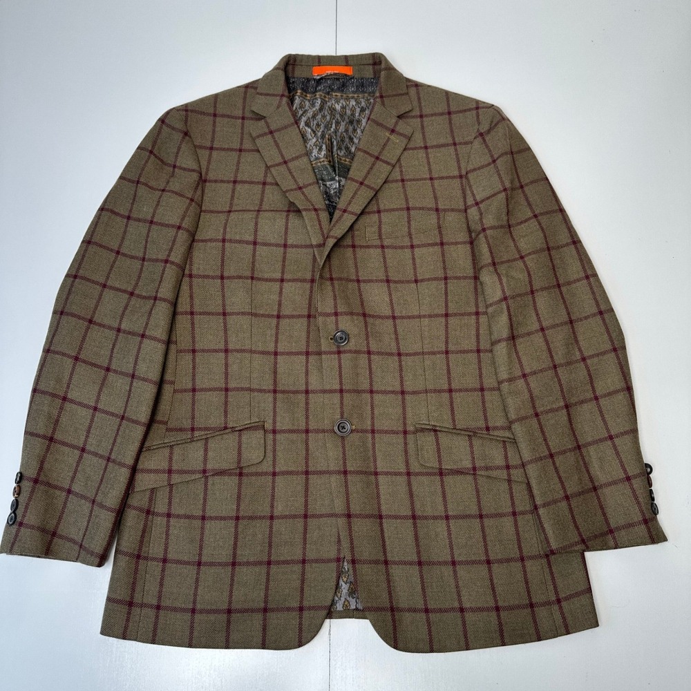 Tallia Rothmans New York Mens 40R Wool Blazer Olive Green Burgundy Plaid Jacket - Picture 2 of 10